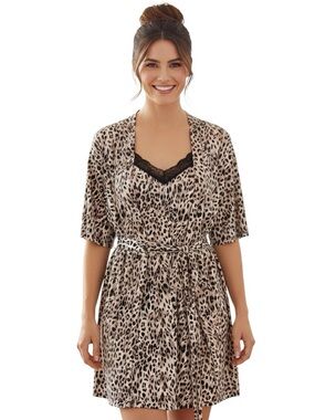 René Rofé 2-Piece Robe/ Chemise Leopard Print w Black Lace Trim Sleep Set  Large